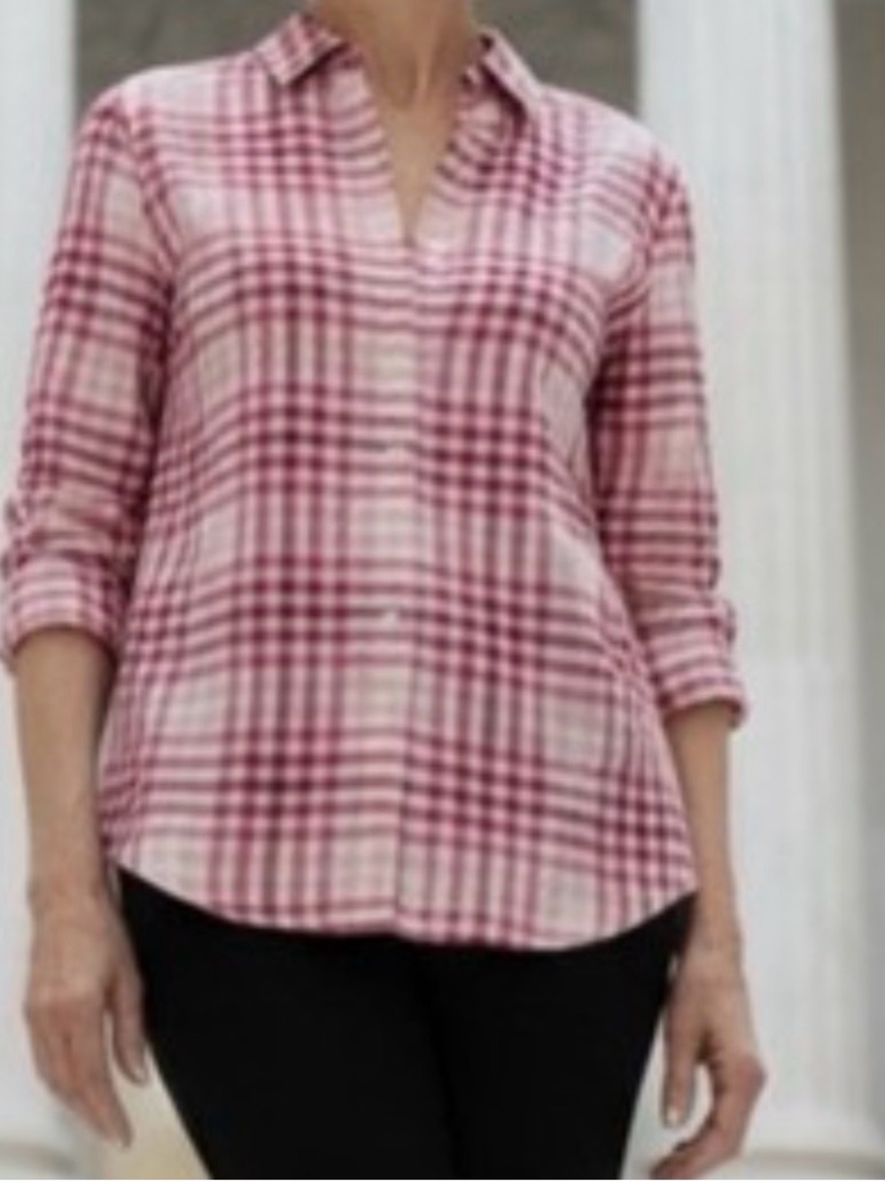 J MCLAUGHLIN Plaid Shirt Top Button Pink White $148 Popover Tunic Light 6‎